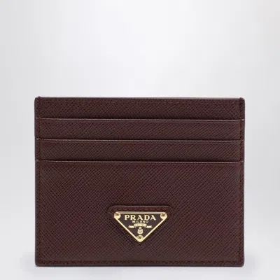 Prada Burgundy Card Holder In Saffiano In Brown