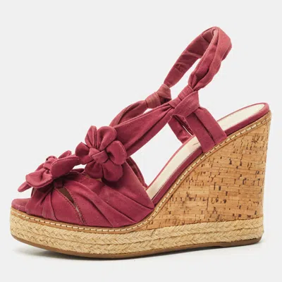 Pre-owned Prada Burgundy Fabric Flower Cork Wedge Slingback Sandals Size 40