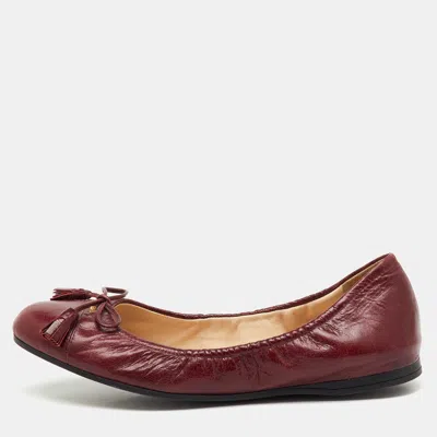 Pre-owned Prada Burgundy Leather Bow Scrunch Ballet Flats Size 37.5