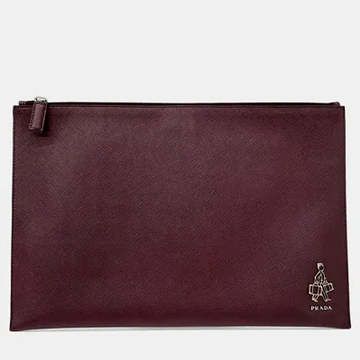 Pre-owned Prada Burgundy Leather Saffiano Clutch