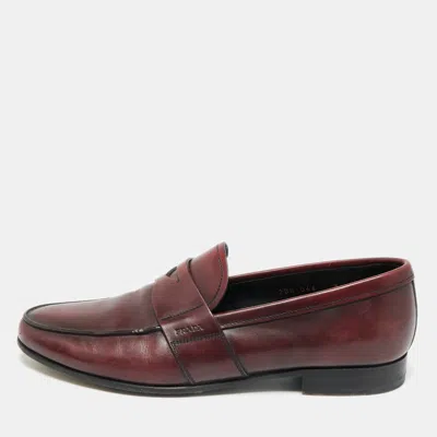 Pre-owned Prada Burgundy Leather Slip On Penny Loafers Size 42