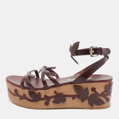 Pre-owned Prada Burgundy Leather Wedge Ankle Strap Sandals Size 37.5
