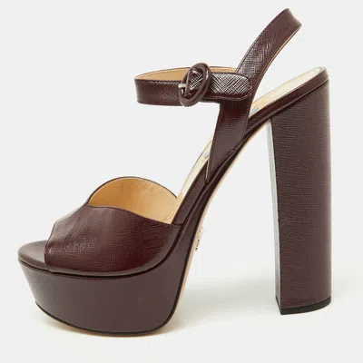 Pre-owned Prada Burgundy Saffiano Patent Leather Platform Ankle Strap Sandals Size 39