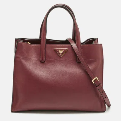 Pre-owned Prada Burgundy Saffiano Soft Leather Middle Zip Tote