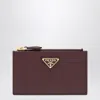 Prada Burgundy Saffiano Zipped Card Case In Brown