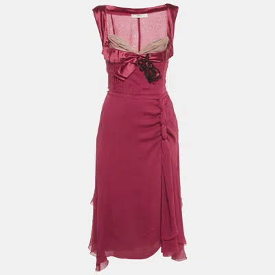 Pre-owned Prada Burgundy Silk Chiffon Bead Detail Midi Dress S
