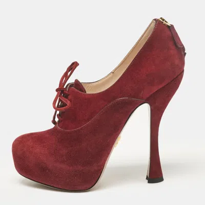 Pre-owned Prada Burgundy Suede Lace Up Booties Size 37.5