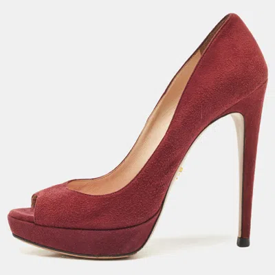 Pre-owned Prada Burgundy Suede Peep Toe Pumps Size 38
