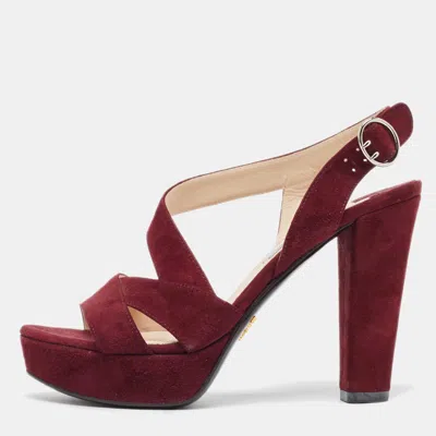 Pre-owned Prada Burgundy Suede Platform Slingback Sandals Size 36.5