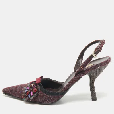 Pre-owned Prada Burgundy Tweed Crystal Embellished Slingback Pumps Size 39