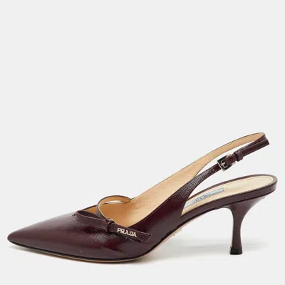 Pre-owned Prada Burgundy Vernice Saffiano Leather Bow Pointed-toe Slingback Pumps Size 39