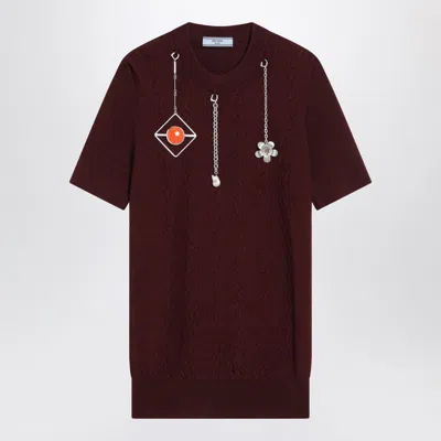 Prada Short-sleeved Wool Sweater With Pendants In Burgundy