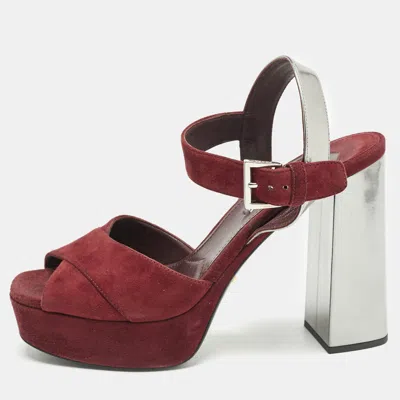 Pre-owned Prada Burgundy/silver Leather And Suede Ankle Strap Sandals Size 38.5