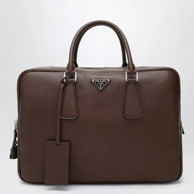 Prada Triangle Logo Leather Briefcase In Brown