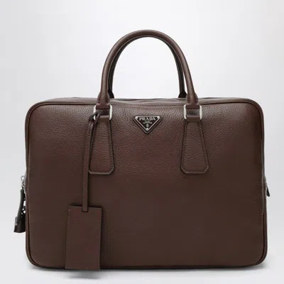 Prada Triangle Logo Leather Briefcase In Brown