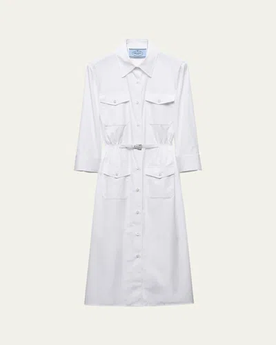 PRADA BUTTON DOWN BELTED POPLIN MIDI SHIRT DRESS