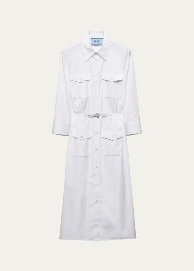 Prada Button Down Belted Poplin Midi Shirt Dress In White