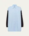 Prada Button-down Poplin Shirtdress With Re-nylon Sleeves In Cielo Nero