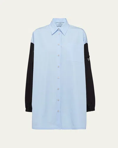 Prada Button-down Poplin Shirtdress With Re-nylon Sleeves In Cielo Nero
