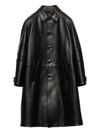 Prada Button-fastening Leather Coat In Black