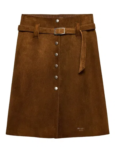 Prada Button-front Suede Skirt In Braun