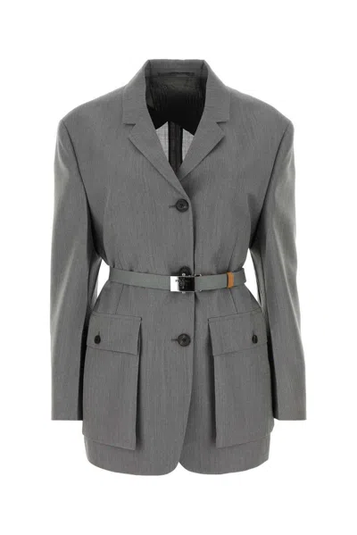 Prada Button-up Belted Jacket In Grey