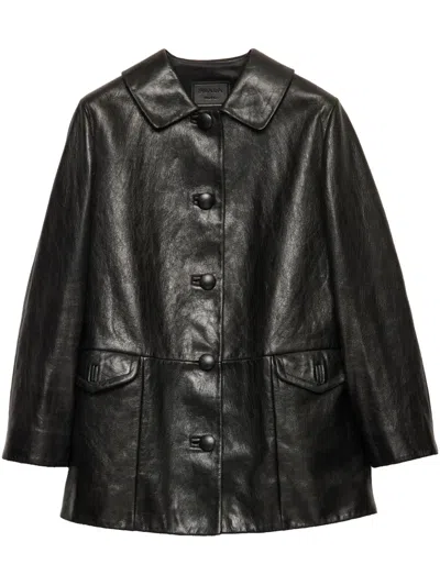 Prada Button-up Leather Jacket In Black