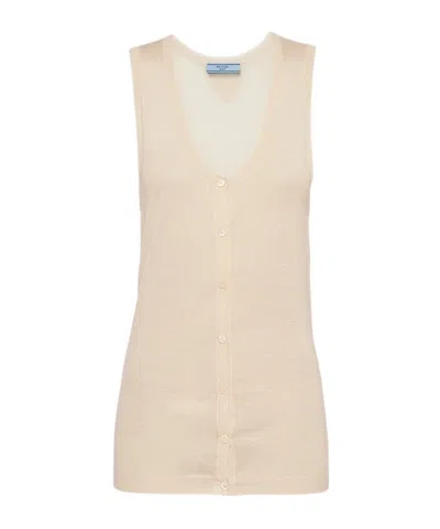 Prada Buttoned Cashmere Tank Top In Beige Khaki