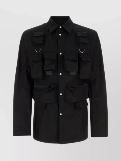 Prada Buttoned Shirt With Chest Pockets And Shoulder Straps In Black