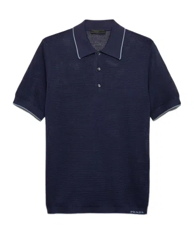 Prada Mens Blue Logo-intarsia Silk-cotton Polo Shirt