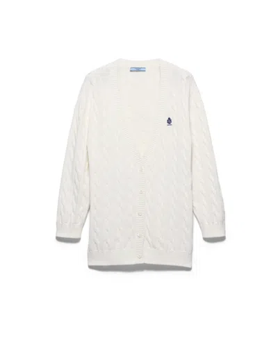 Prada Cable-knit Cotton Cardigan In White