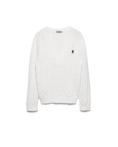 Prada Cable-knit V-neck Cotton Sweater In White