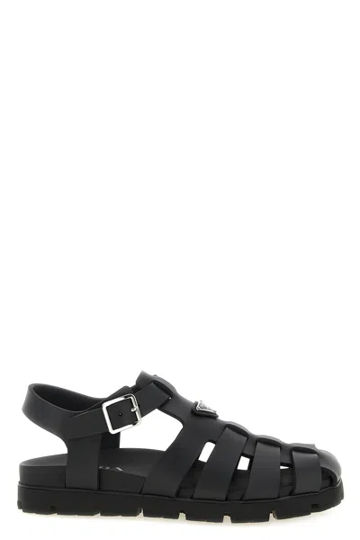Prada Triangle Logo Fisherman Sandals In Black