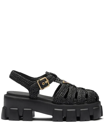 Prada Caged Flatform Raffia Sandals In Black