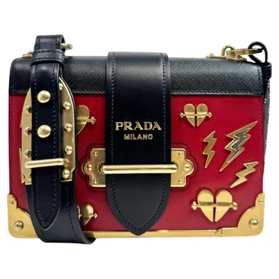 Pre-owned Prada Cahier Bag Calfskin Red Black Charm