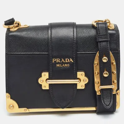 Pre-owned Prada Cahier Black City Calf And Saffiano Leather Shoulder Bag