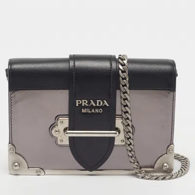 Pre-owned Prada Cahier Black/silver Saffiano Lux Patent And Leather Clutch Bag