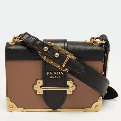 Pre-owned Prada Cahier Brown/black City Calf And Saffiano Leather Shoulder Bag