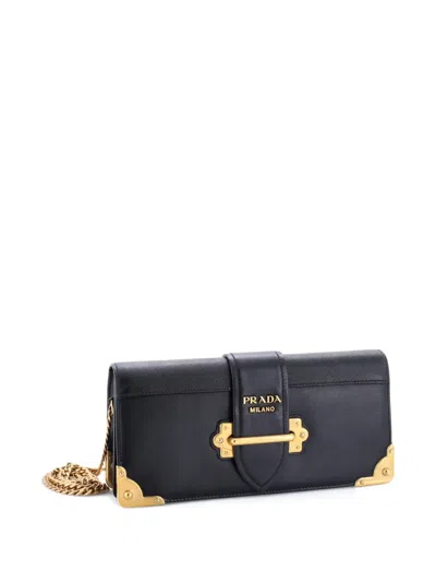 Pre-owned Prada Cahier Chain City Calf And Saffiano Clutch Bag In Black