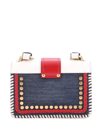 Pre-owned Prada Cahier Embellished Denim And Leather Small Crossbody Bag In Blue