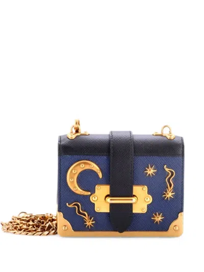Pre-owned Prada Cahier Embellished Leather Micro Crossbody Bag In Blue