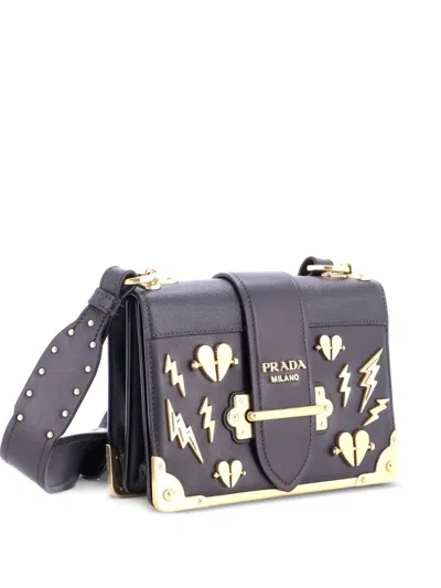 Pre-owned Prada Cahier Embellished Leather Small Crossbody Bag In Black