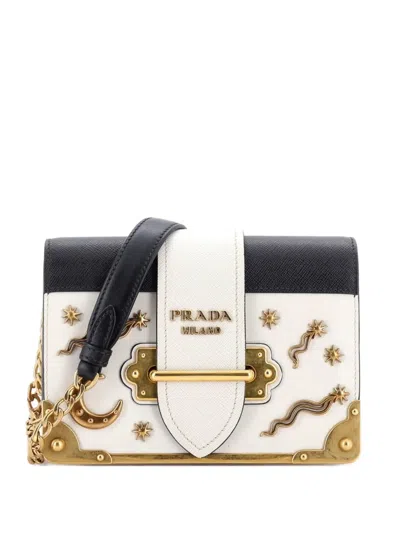 Pre-owned Prada Cahier Embellished Leather Small Crossbody Bag In Black