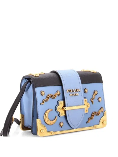 Pre-owned Prada Cahier Embellished Leather Small Crossbody Bag In Blue