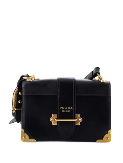 Pre-owned Prada Cahier Leather And Saffiano Leather Large Crossbody Bag In Black