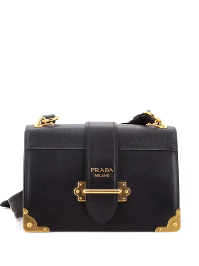 Pre-owned Prada Cahier Leather And Saffiano Leather Large Crossbody Bag In Black