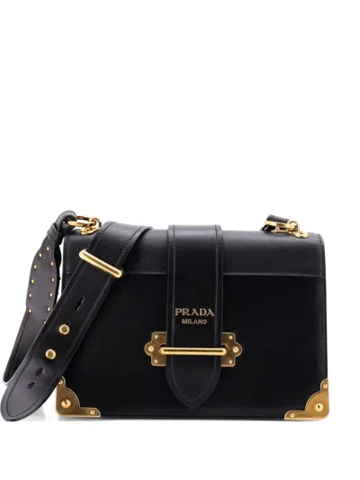 Pre-owned Prada Cahier Leather And Saffiano Leather Large Crossbody Bag In Black
