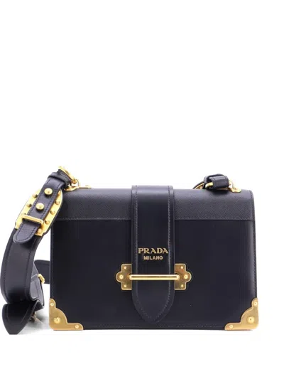 Pre-owned Prada Cahier Leather And Saffiano Leather Large Crossbody Bag In Black