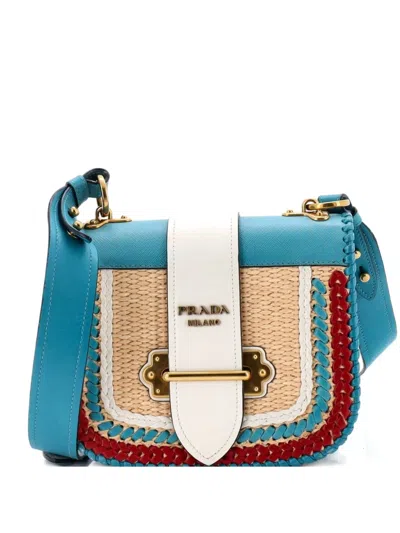 Pre-owned Prada Cahier Rounded Leather And Straw Small Crossbody Bag In Blue
