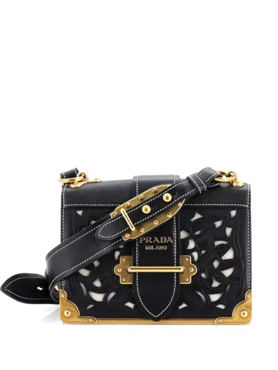 Pre-owned Prada Cahier Studded Laser Cut Leather Small Crossbody Bag In Black